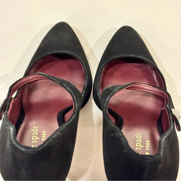 Kate Spade Women's Black Suede with Rhinestone Button Maren Ankle-Strap Pumps - Picture 6 of 11